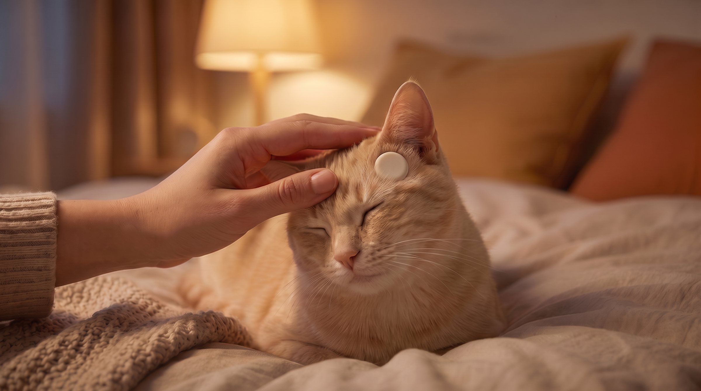 A hand resting on a sleeping cream cat at bedtime, a small pale Pawvbeat node sitting in front of its ear