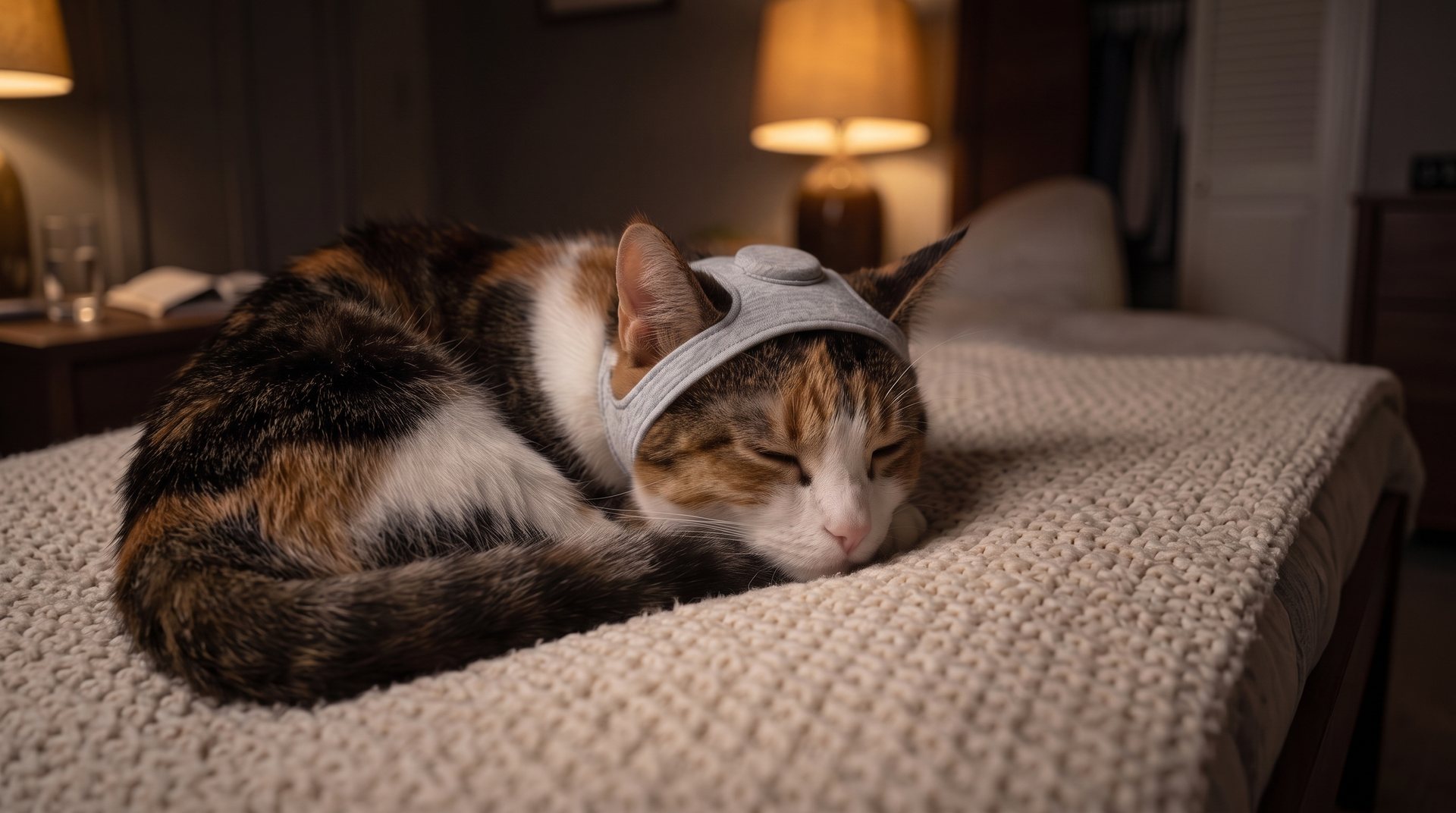 Cat asleep wearing the Pawvbeat headband