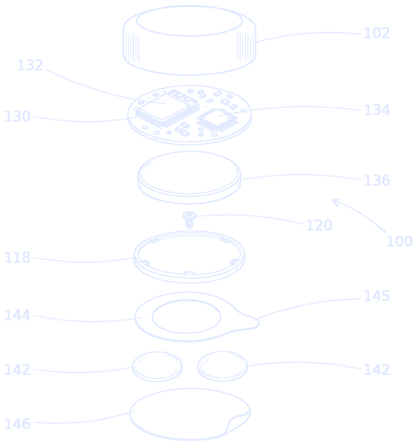 Patent drawing: exploded view of the ear node, from the shell and circuit board down to the two hydrogel contacts and the sticker