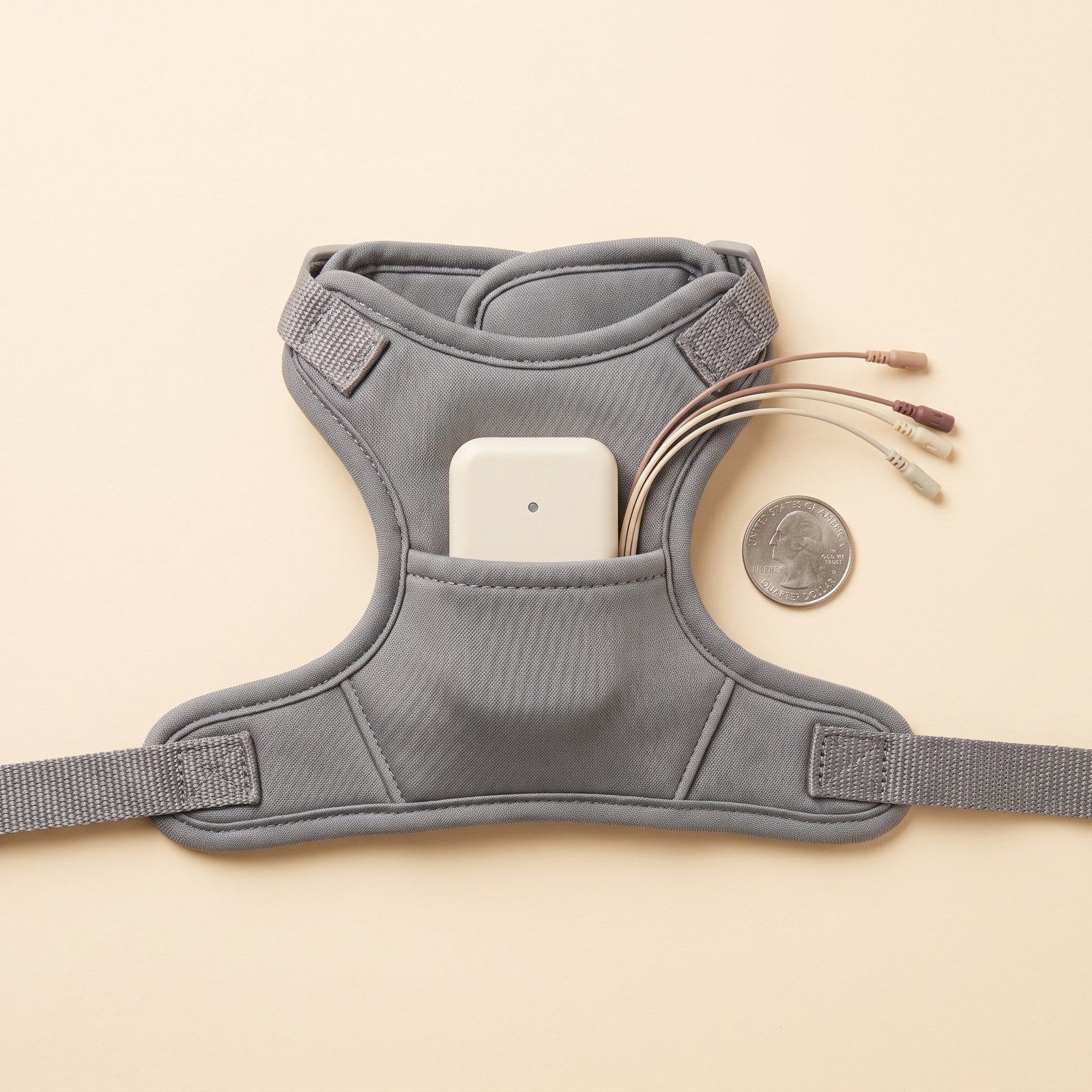 Grey harness with the board enclosure in a chest pocket and four leads with 1.5 mm DIN plugs